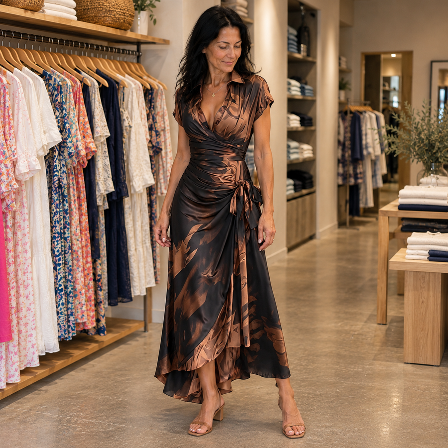 Alenne wearing Marisol in the boutique — AI-generated brand illustration