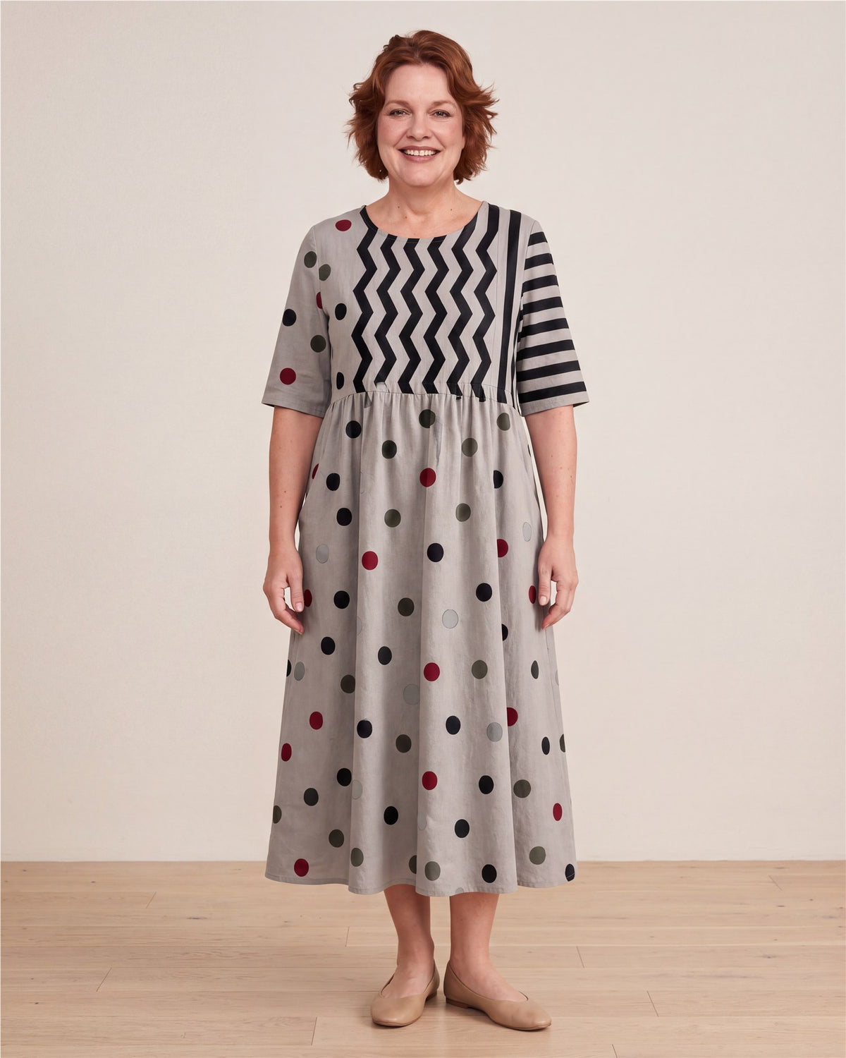 Modern Charm Mixed Print Pocket Midi Dress