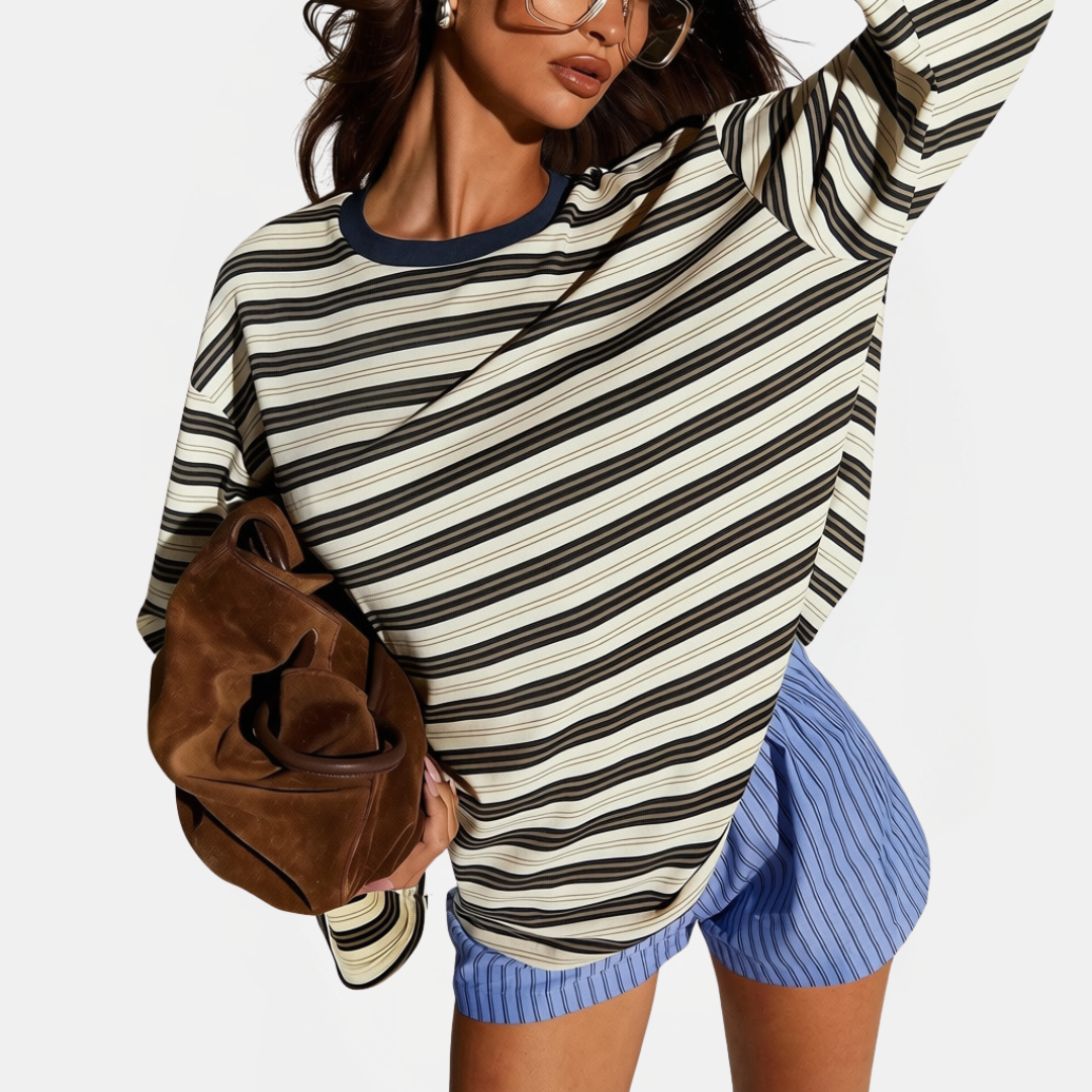 Women's Color Block Striped Long Sleeve Round Neck Fitted Top