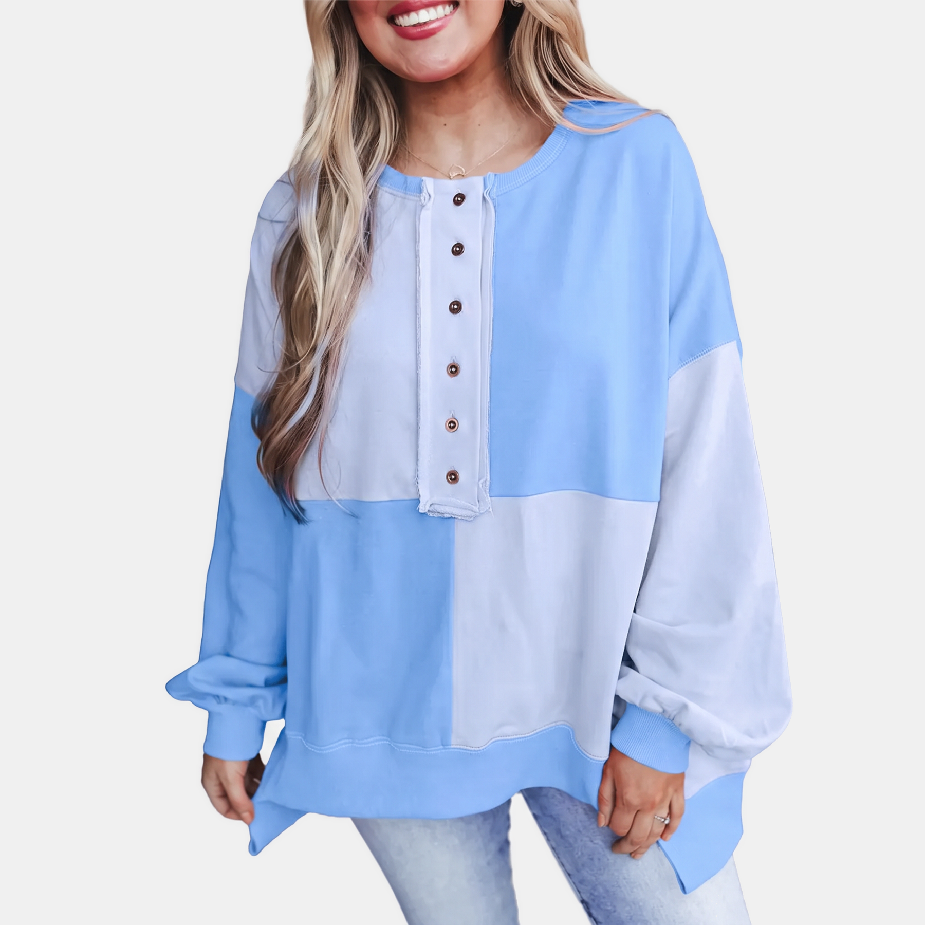 Women's Buckle Front Lapel Colorblock Longline Sweatshirt