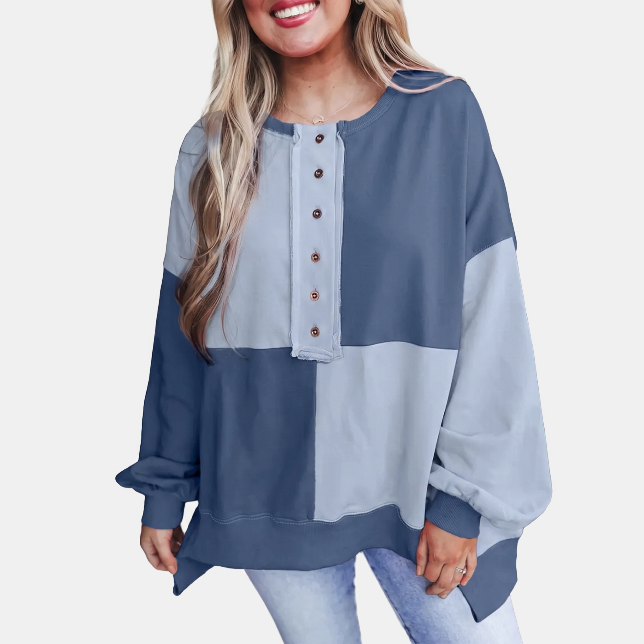 Women's Buckle Front Lapel Colorblock Longline Sweatshirt
