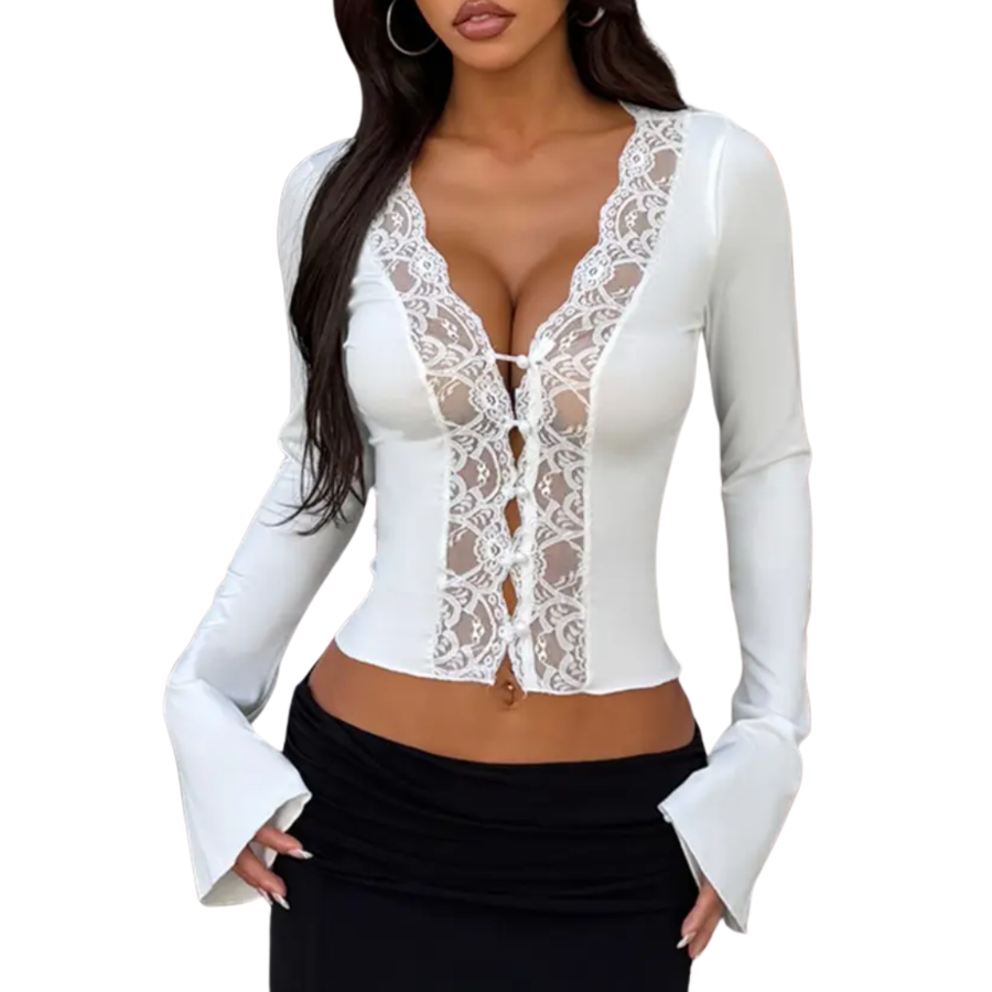CECELIA™ – Contrast Lace Button-Front Tee Blouse