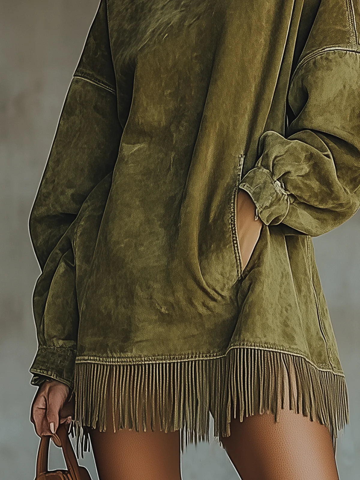 Gabriela | Suede-Look Dress with High Neck and Fringe
