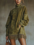 Gabriela | Suede-Look Dress with High Neck and Fringe