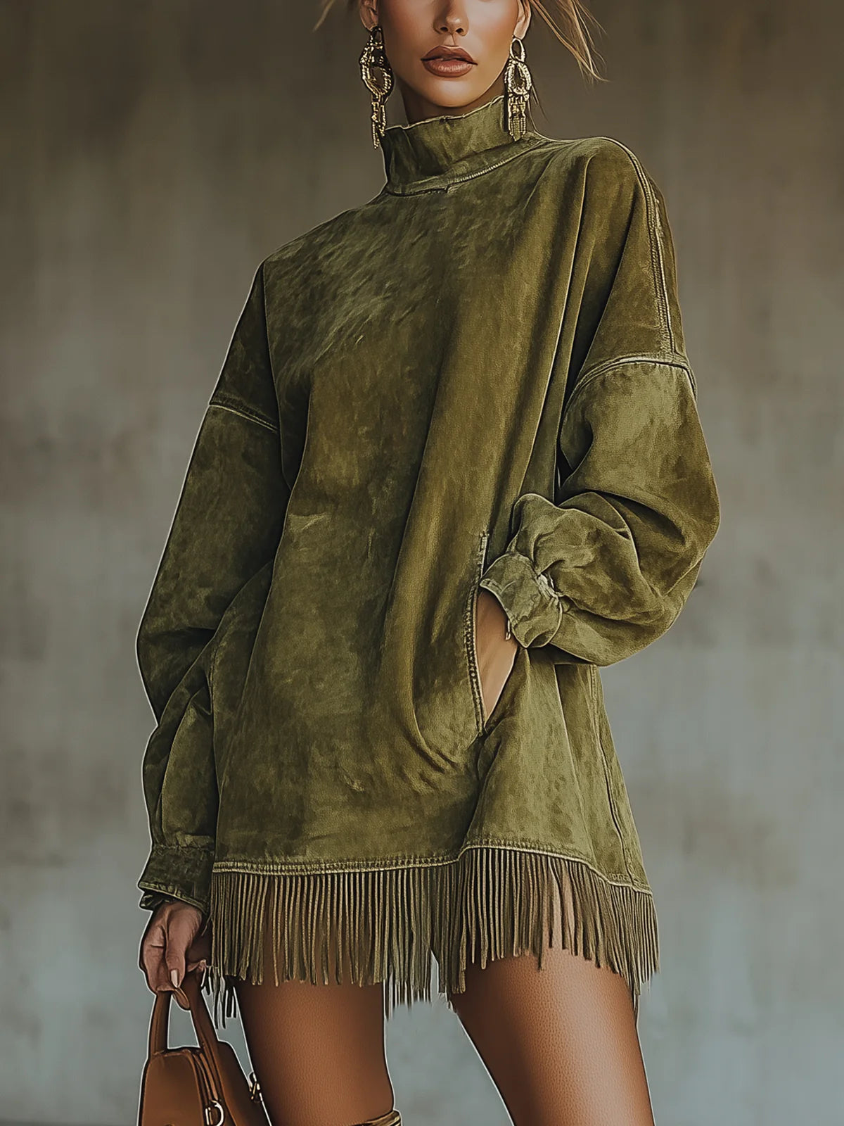 Gabriela | Suede-Look Dress with High Neck and Fringe