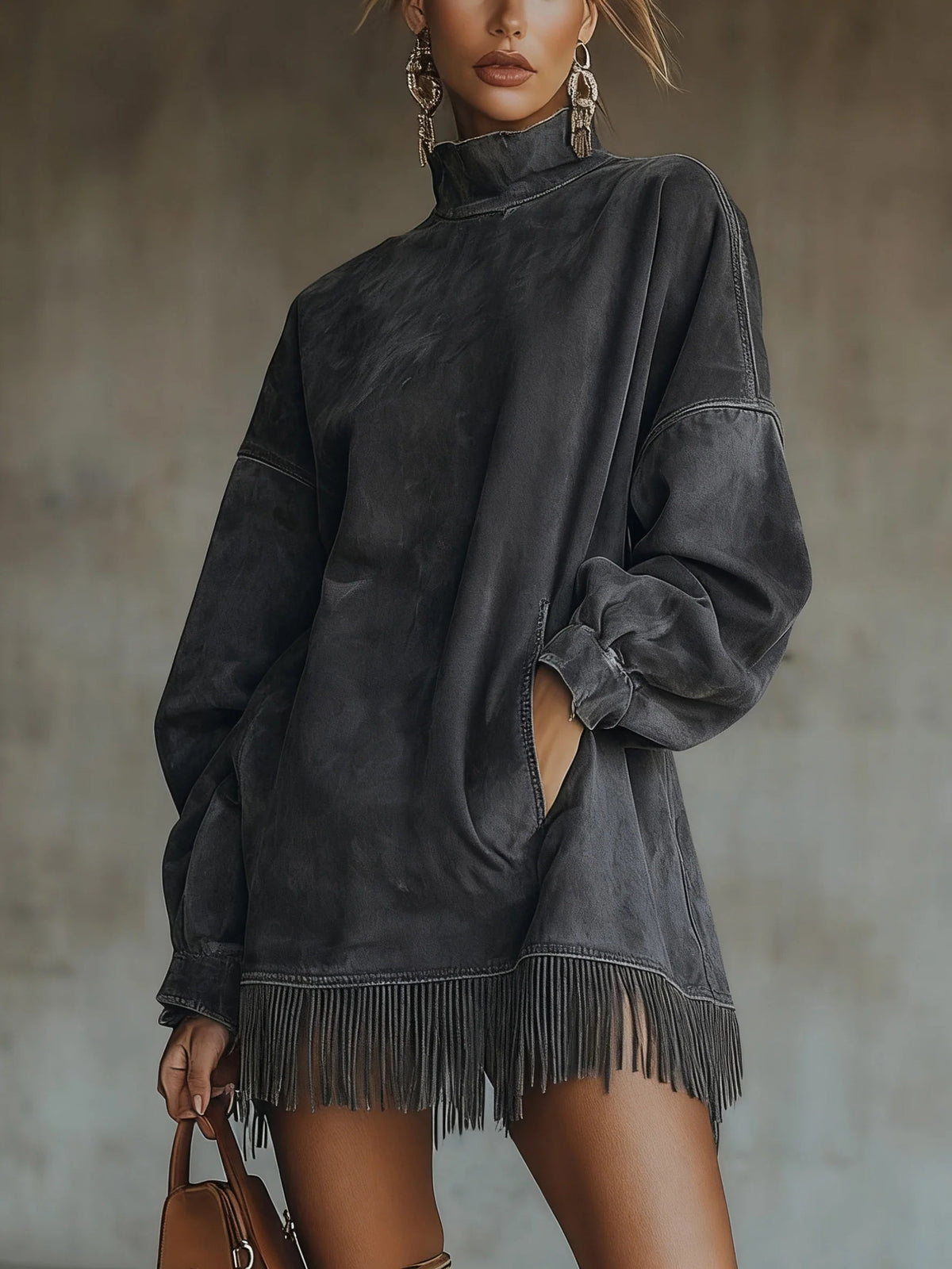 Gabriela | Suede-Look Dress with High Neck and Fringe