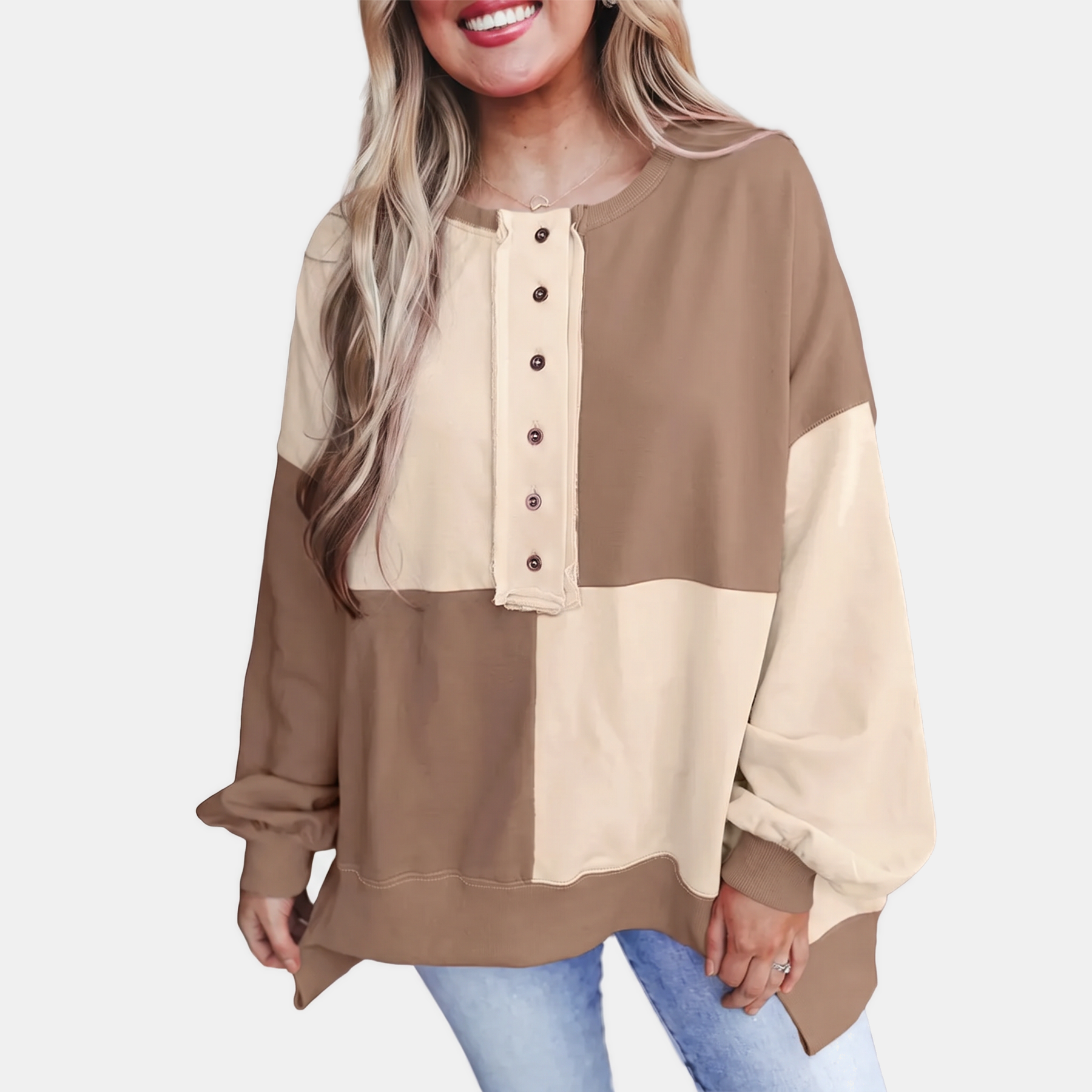 Women's Buckle Front Lapel Colorblock Longline Sweatshirt