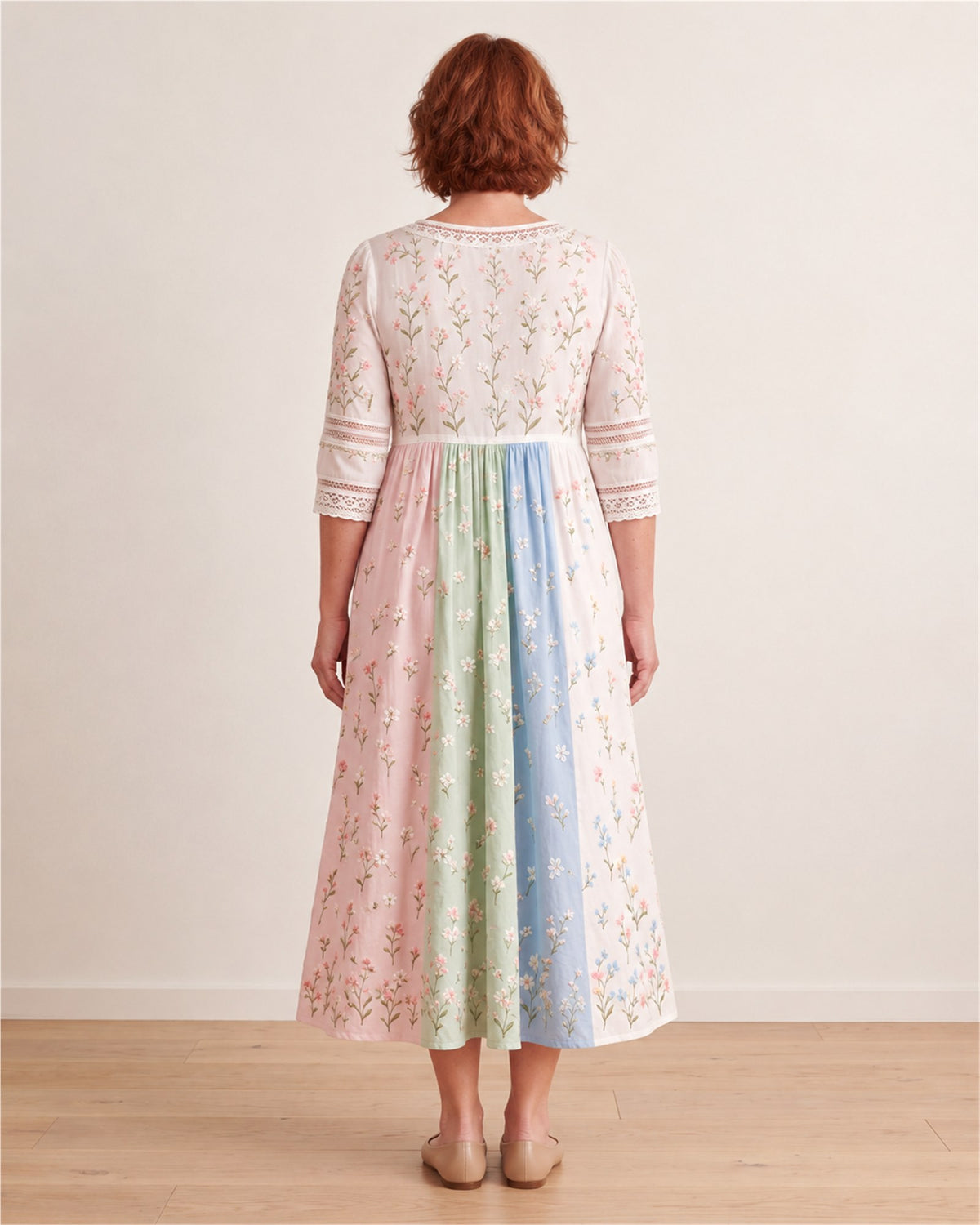 Pastel Meadow Floral Pocket Midi Dress – back view