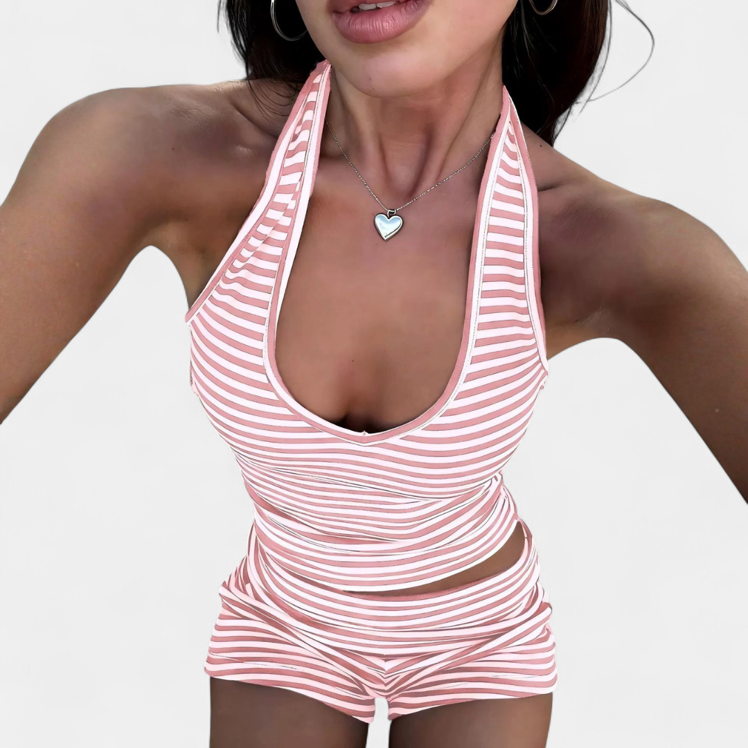 Women's Striped Halter Neck Crop Top and Shorts Set