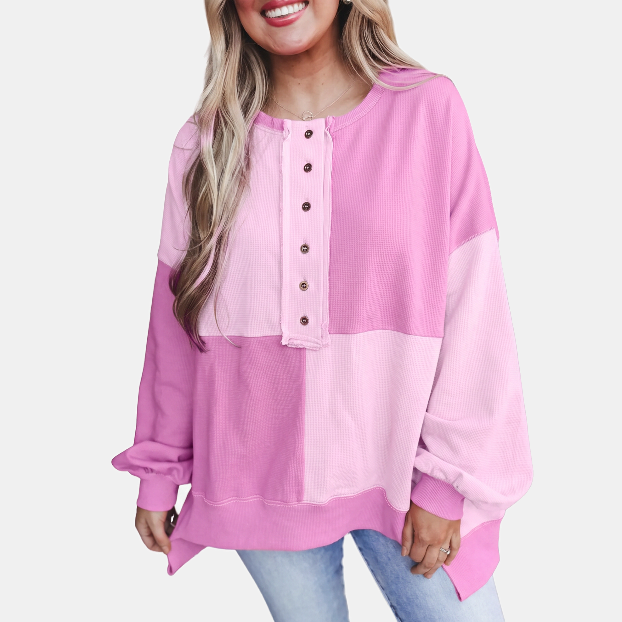Women's Buckle Front Lapel Colorblock Longline Sweatshirt