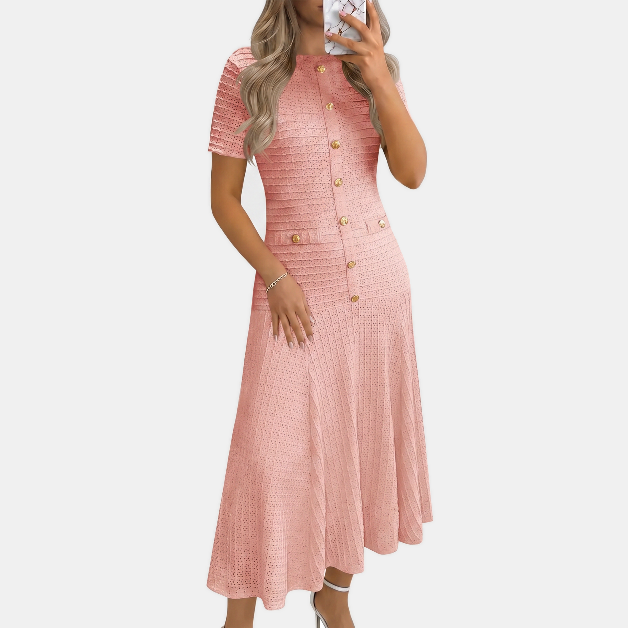 Women's Button Front Short Sleeve Slim Fit Midi A Line Dress