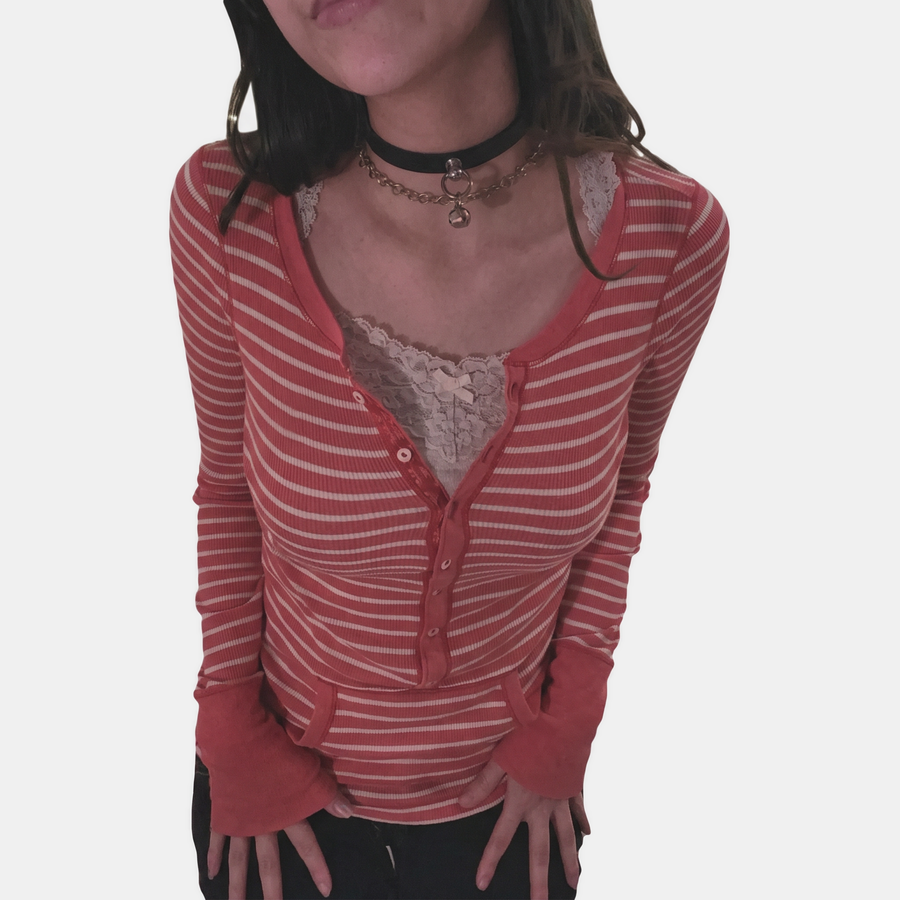 Women's Button Front Striped Knit Long Sleeve Polo Top with Pockets