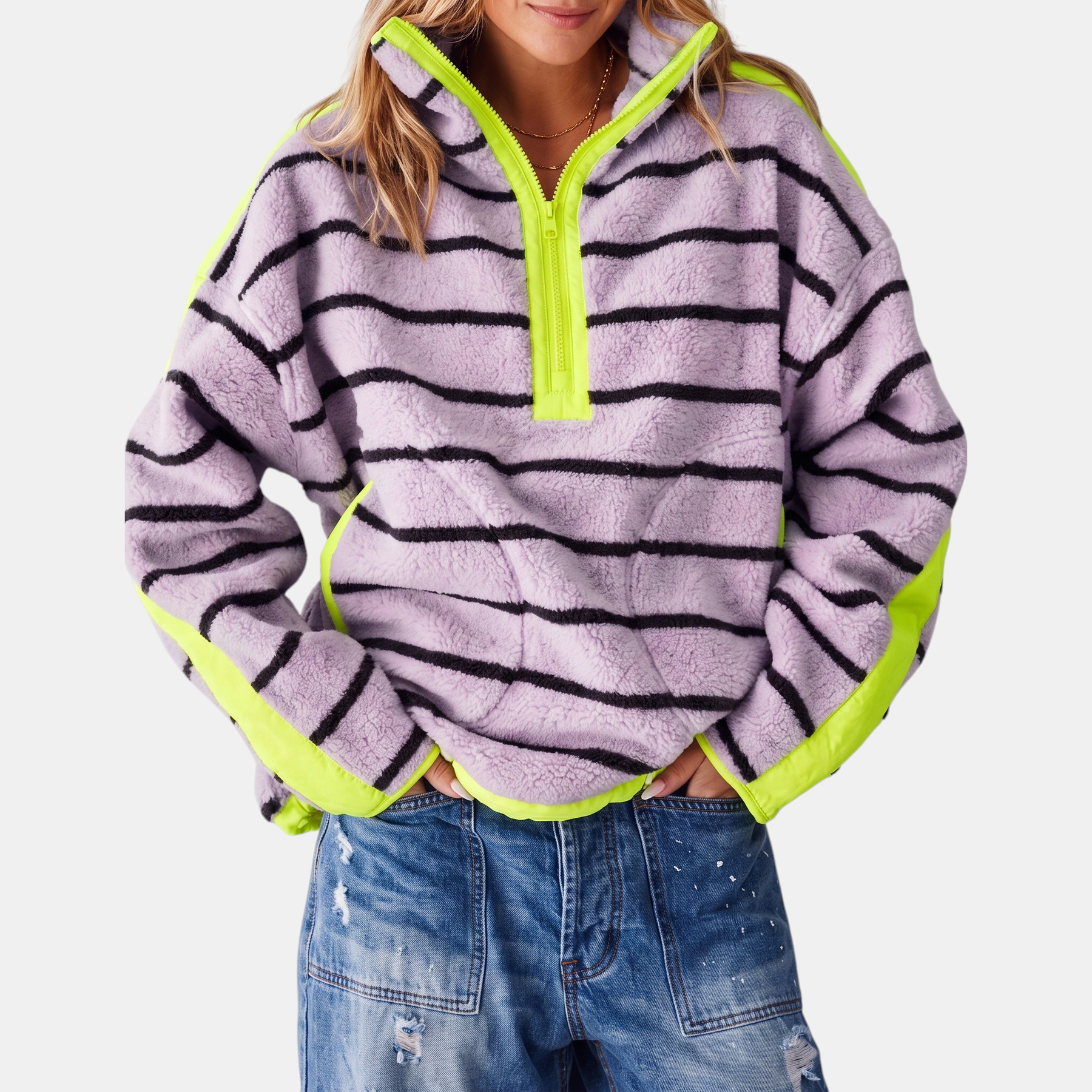 Women's Colorblock Half Zip Teddy Fleece Sweatshirt
