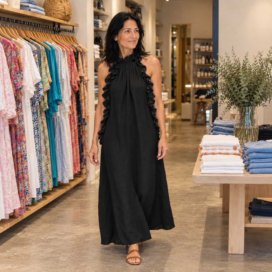 Alenne wearing Raven in the boutique — AI-generated brand illustration