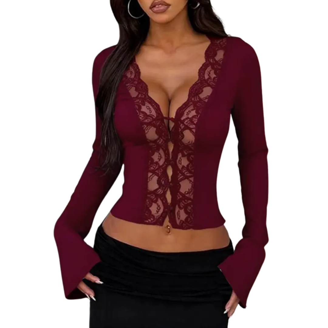 CECELIA™ – Contrast Lace Button-Front Tee Blouse