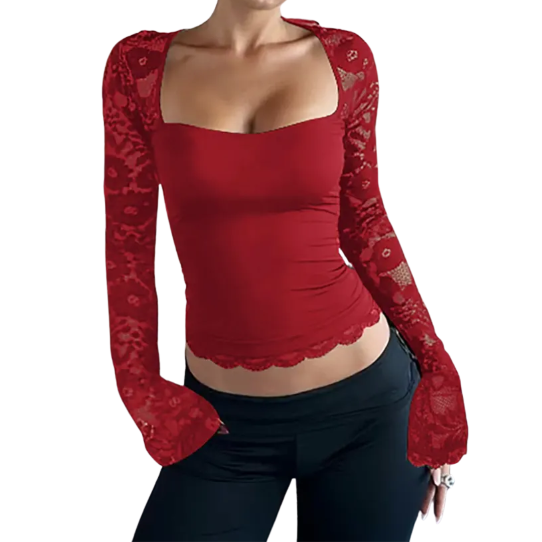 LENNA™ – Sheer Lace Floral Ruffle Tee