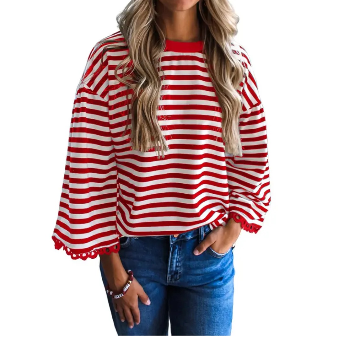 FRANKI™ – Striped Lace Trim Oversized Sweatshirt