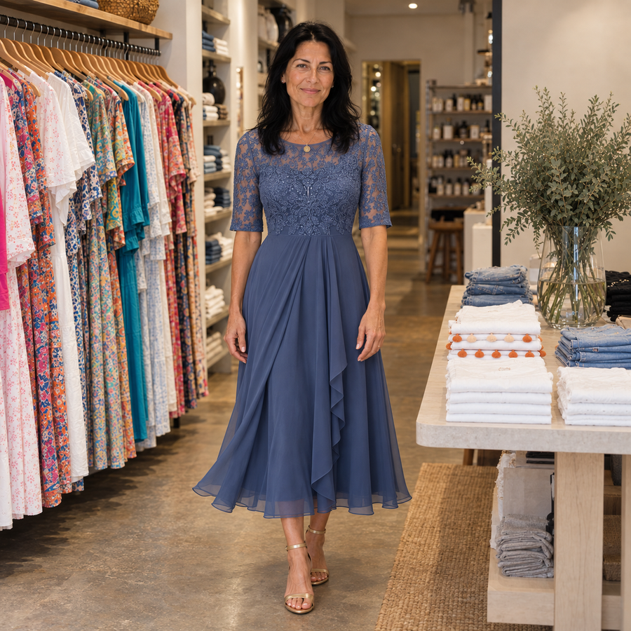 Alenne wearing Rose in the boutique — AI-generated brand illustration
