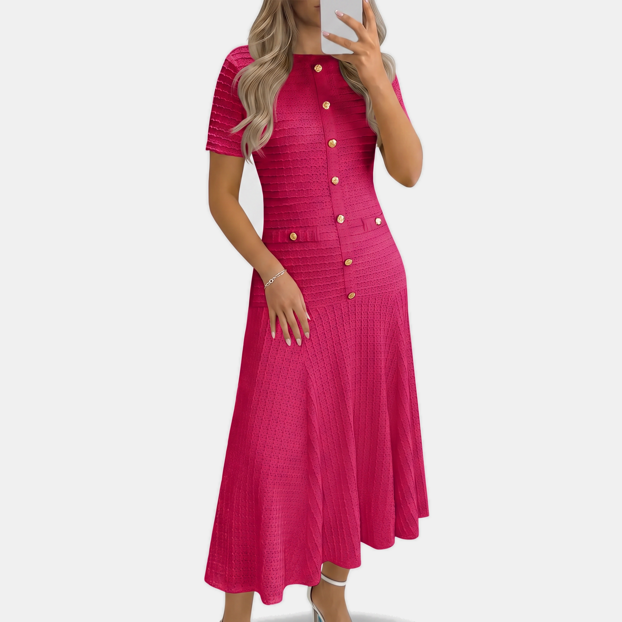 Women's Button Front Short Sleeve Slim Fit Midi A Line Dress