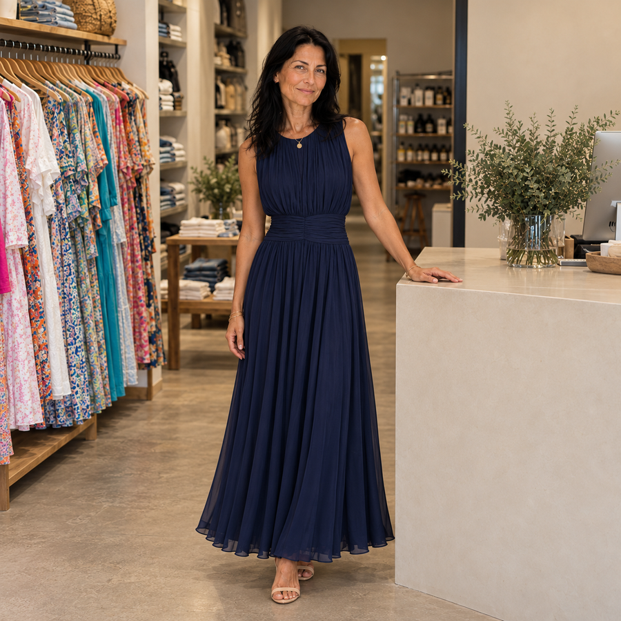 Alenne wearing Roxanne in the boutique — AI-generated brand illustration