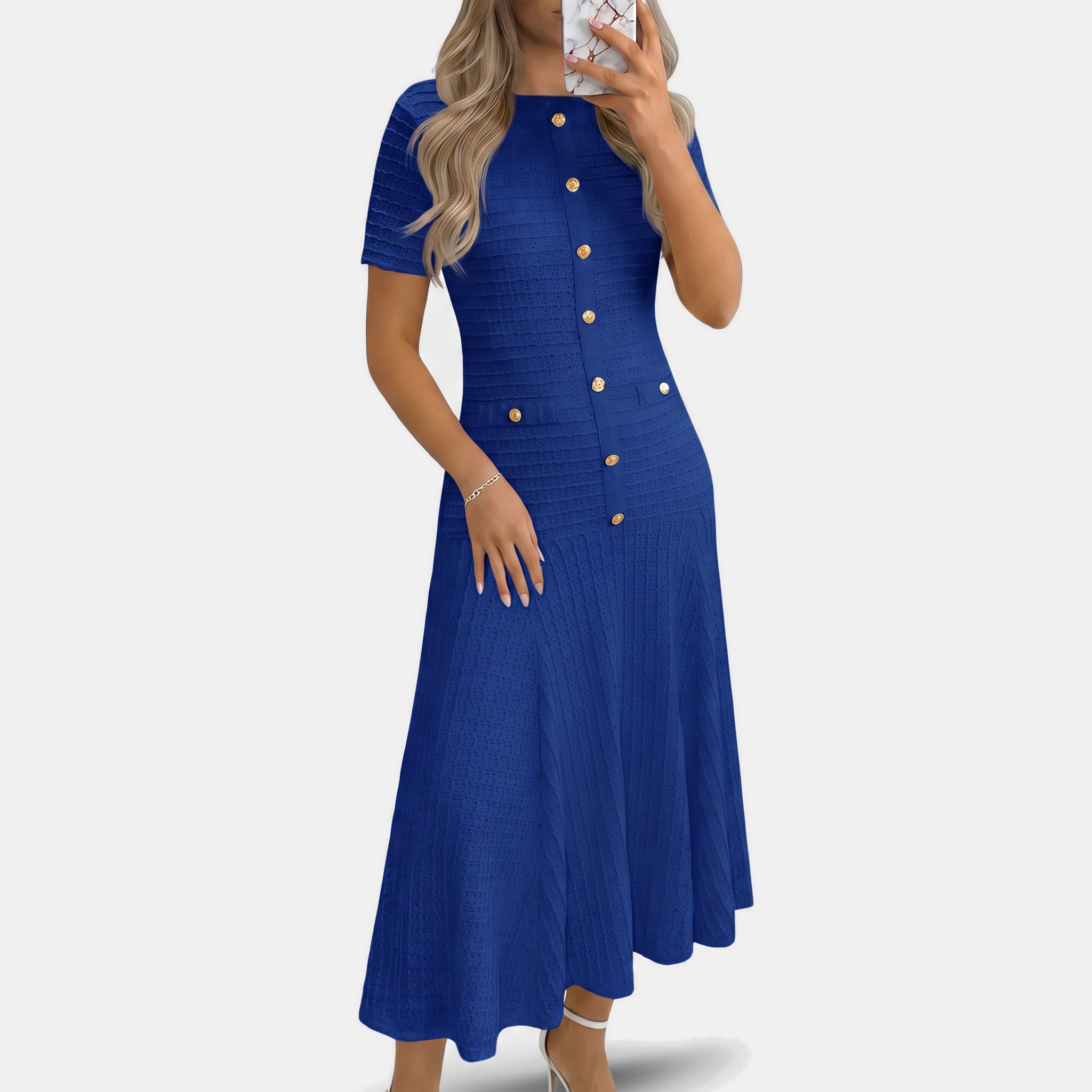 Women's Button Front Short Sleeve Slim Fit Midi A Line Dress