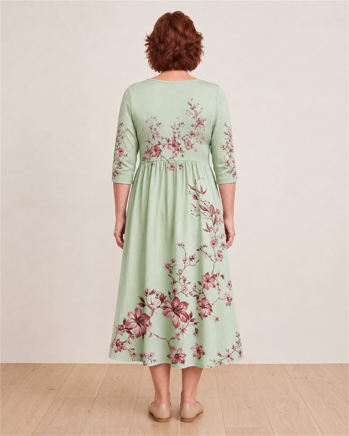Sage Blossom Grace Pocket Midi Dress – back view