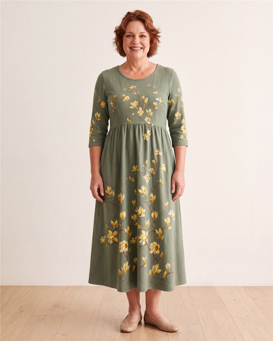 Sage Blossom Grace Pocket Midi Dress
