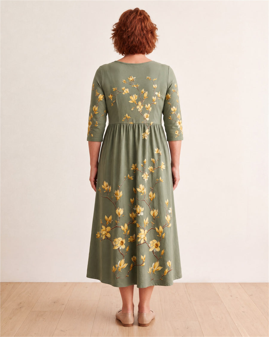 Sage Blossom Grace Pocket Midi Dress – back view
