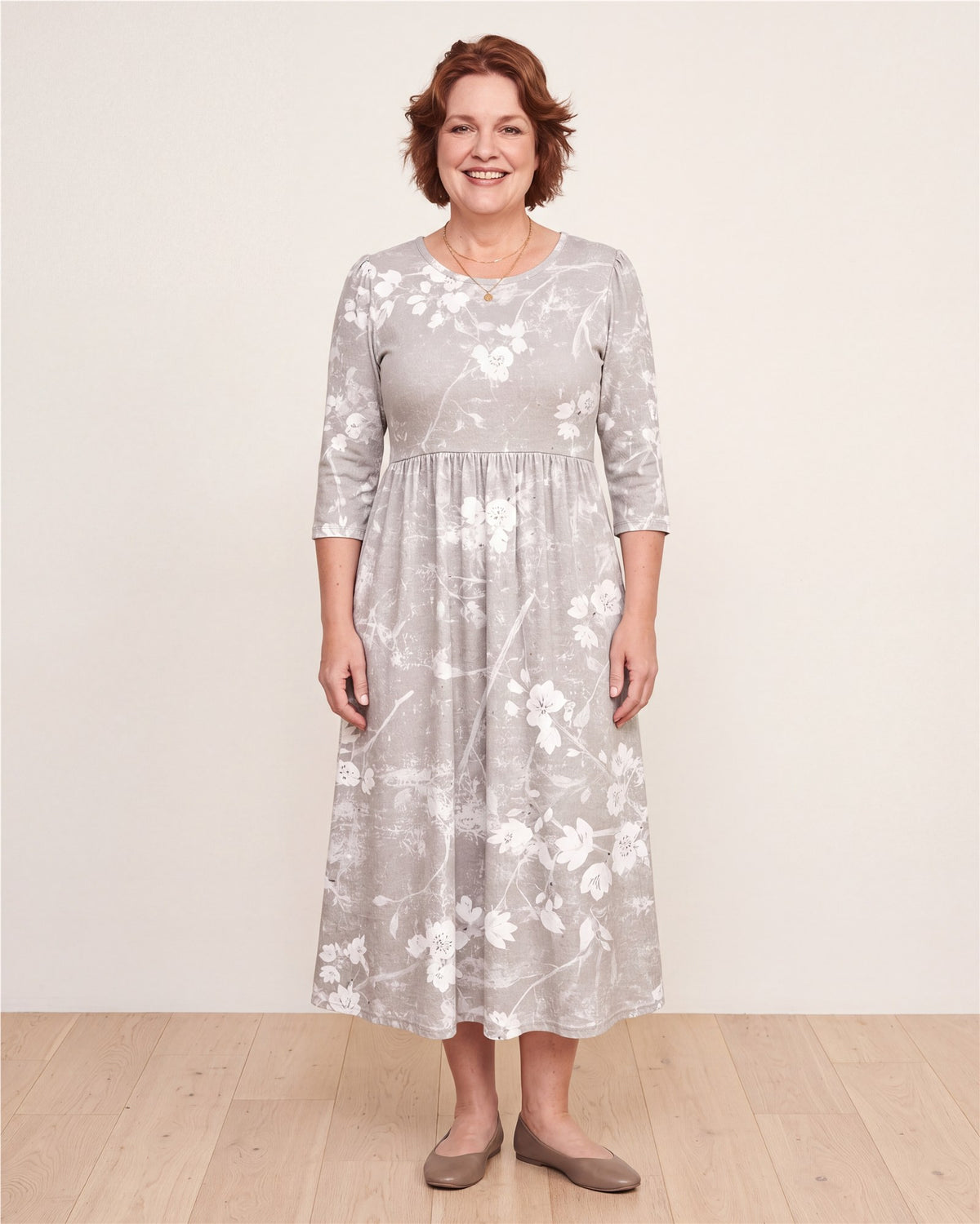 Silver Blossom Grace Pocket Midi Dress