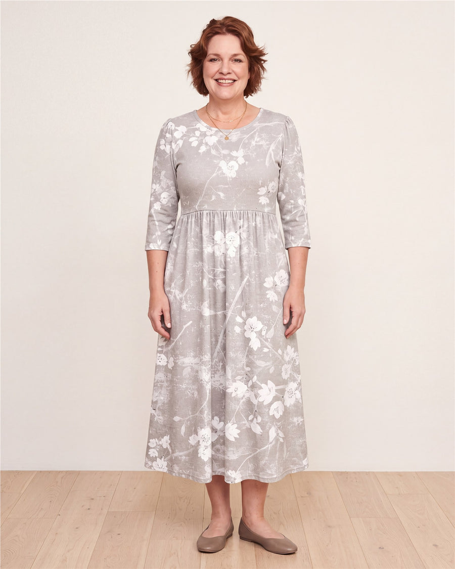 Silver Blossom Grace Pocket Midi Dress