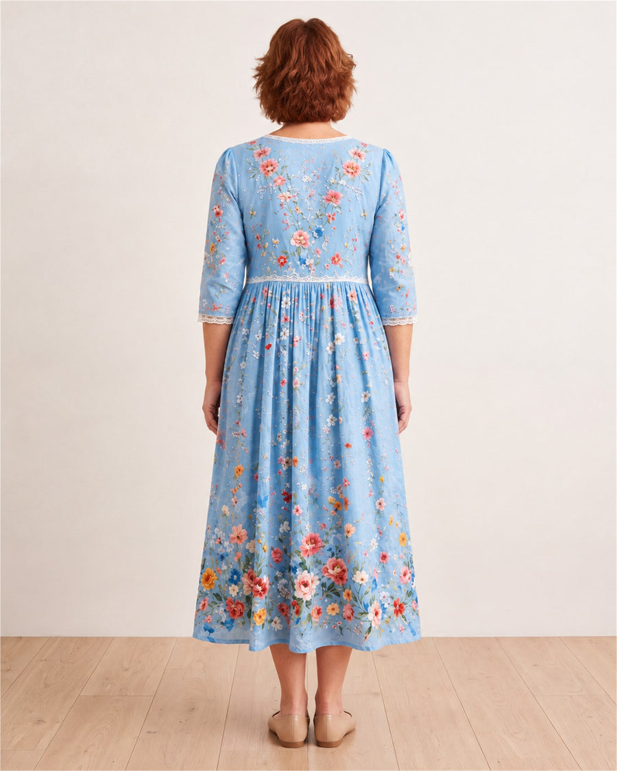 Sky Blossom Garden Midi Dress – back view