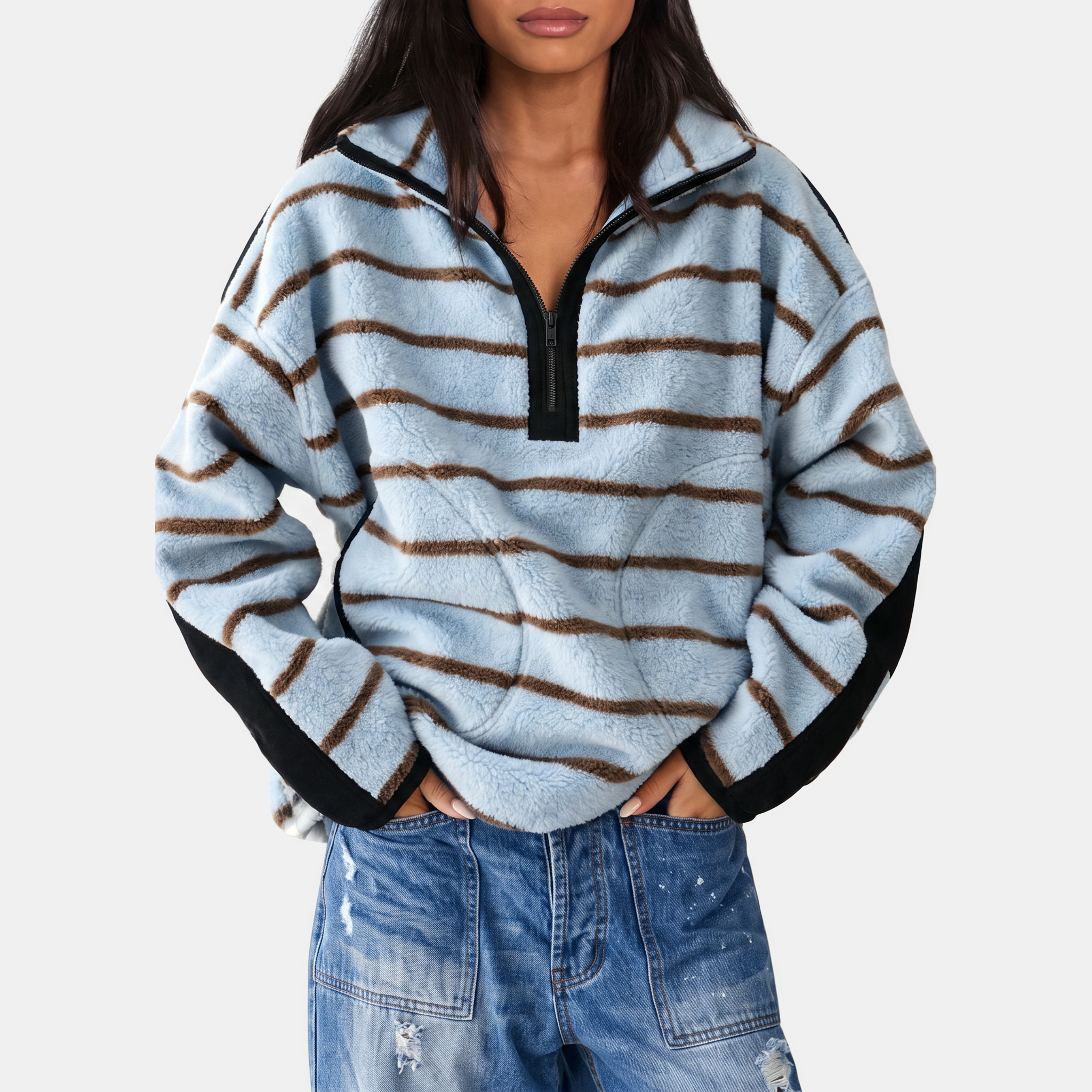 Women's Colorblock Half Zip Teddy Fleece Sweatshirt