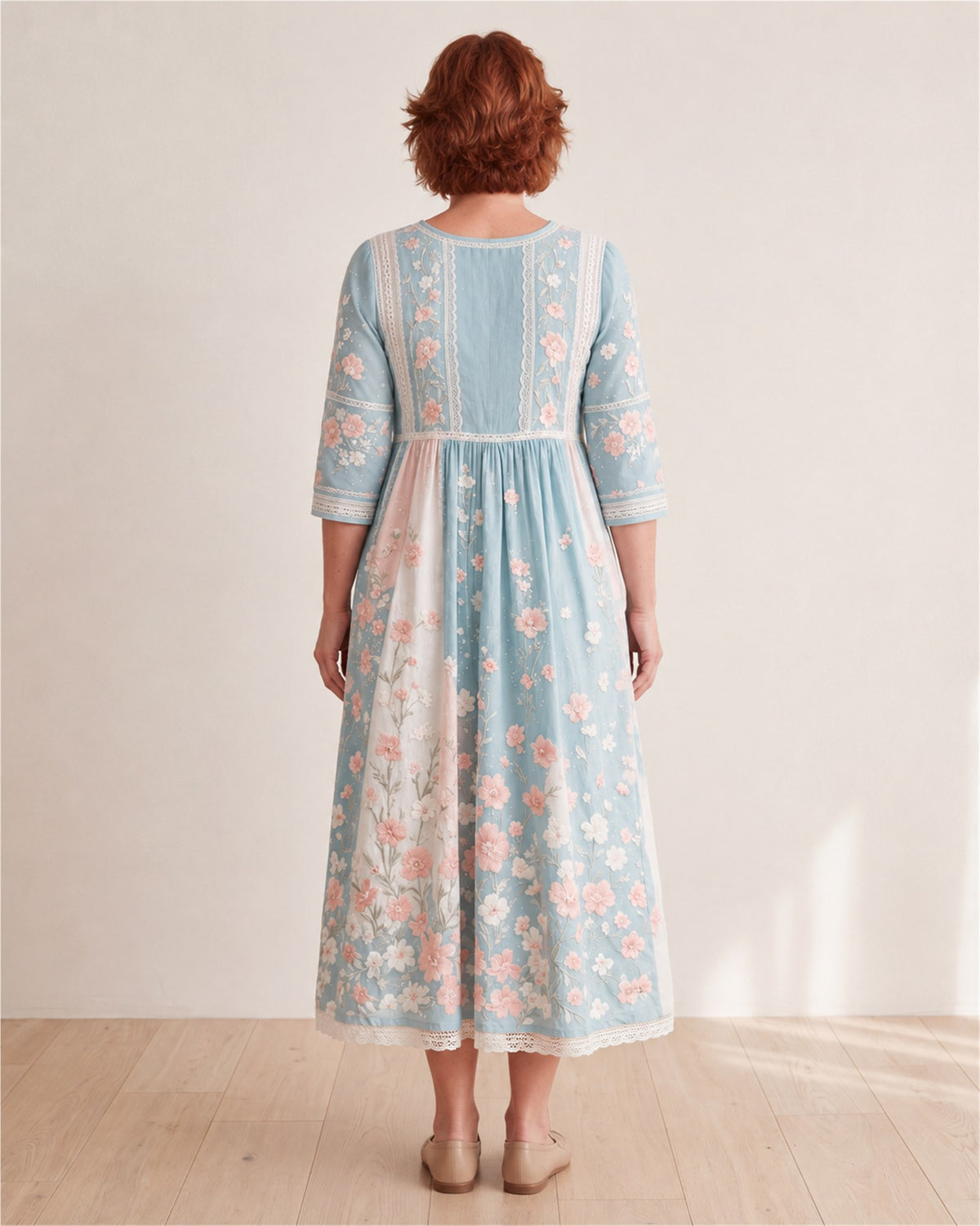 Spring Blossom Patchwork Midi Dress – back view
