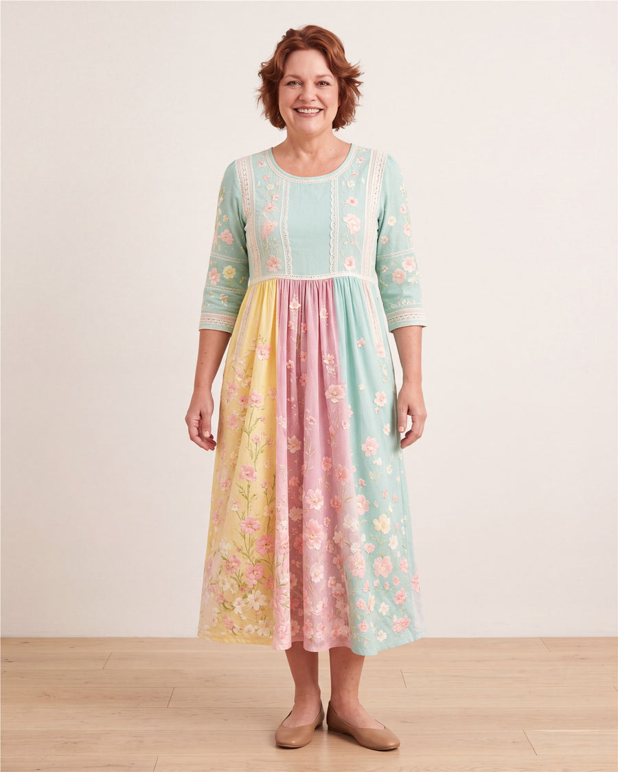 Spring Blossom Patchwork Pocket Midi Dress