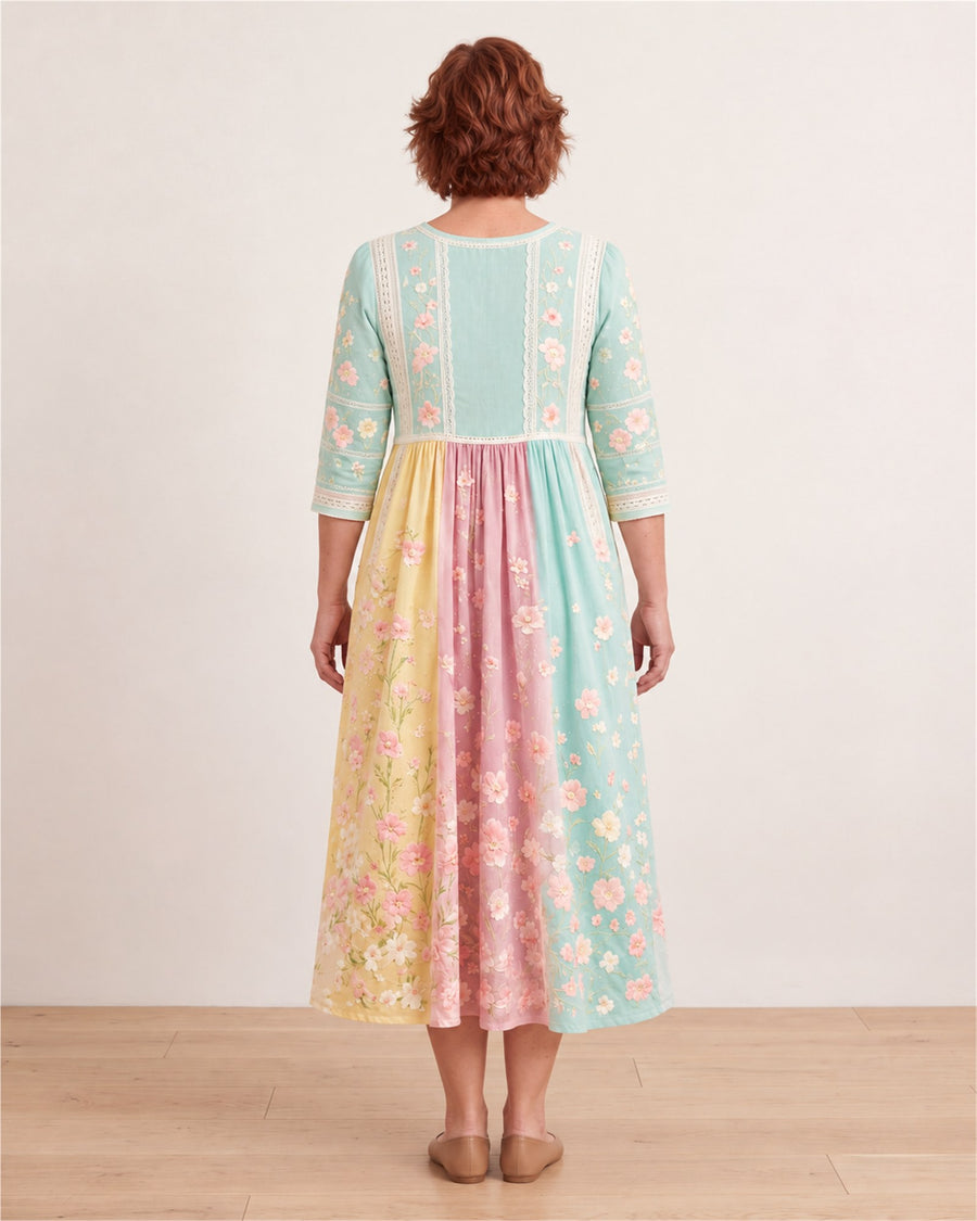 Spring Blossom Patchwork Pocket Midi Dress – back view