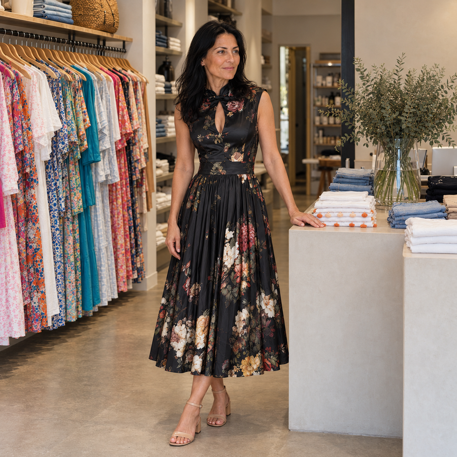 Alenne wearing Theodosia Floral in the boutique — AI-generated brand illustration