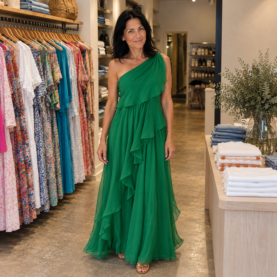 Alenne wearing Victoria in her boutique — AI-generated brand illustration, revised pose
