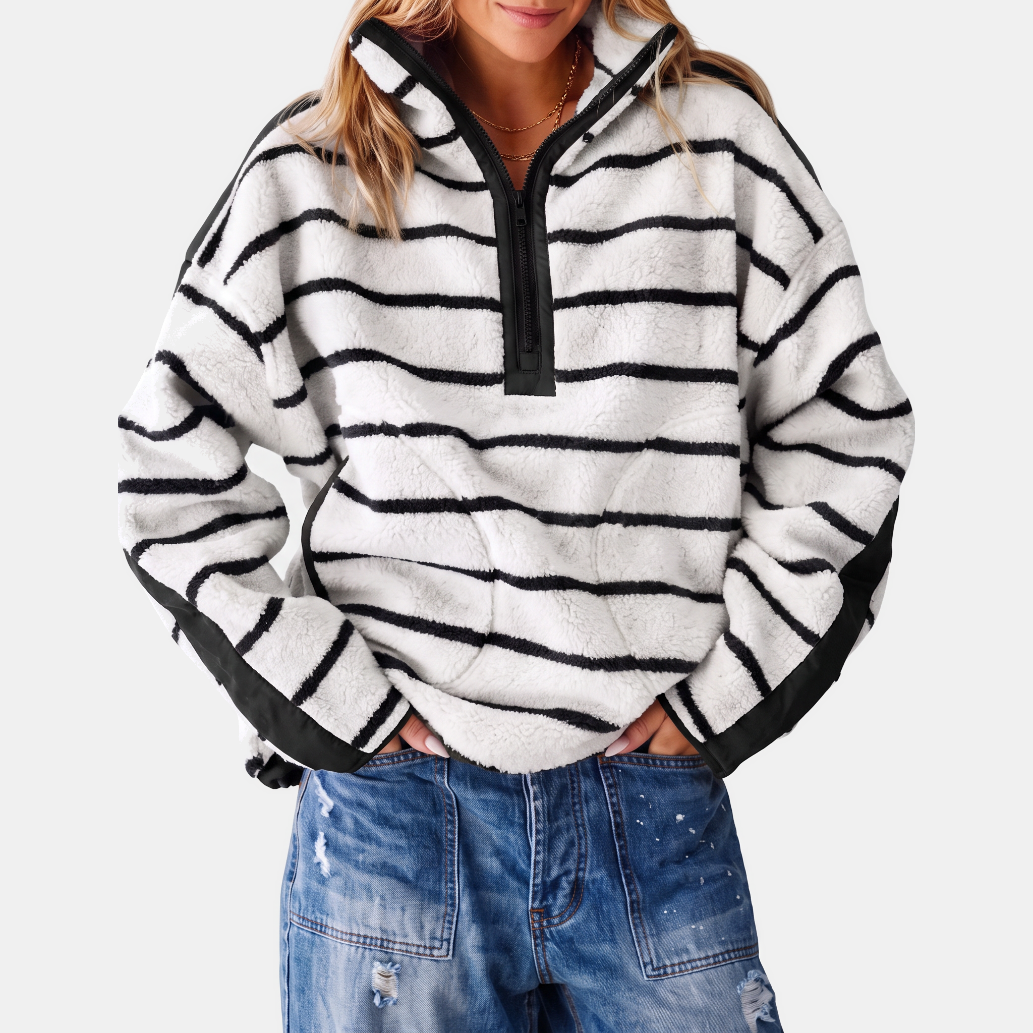 Women's Colorblock Half Zip Teddy Fleece Sweatshirt