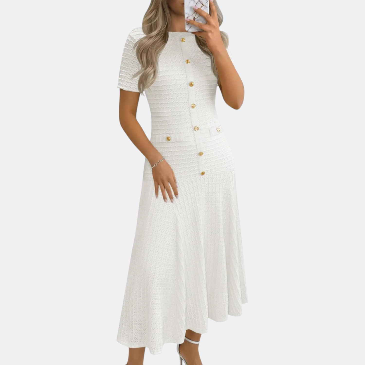 Women's Button Front Short Sleeve Slim Fit Midi A Line Dress