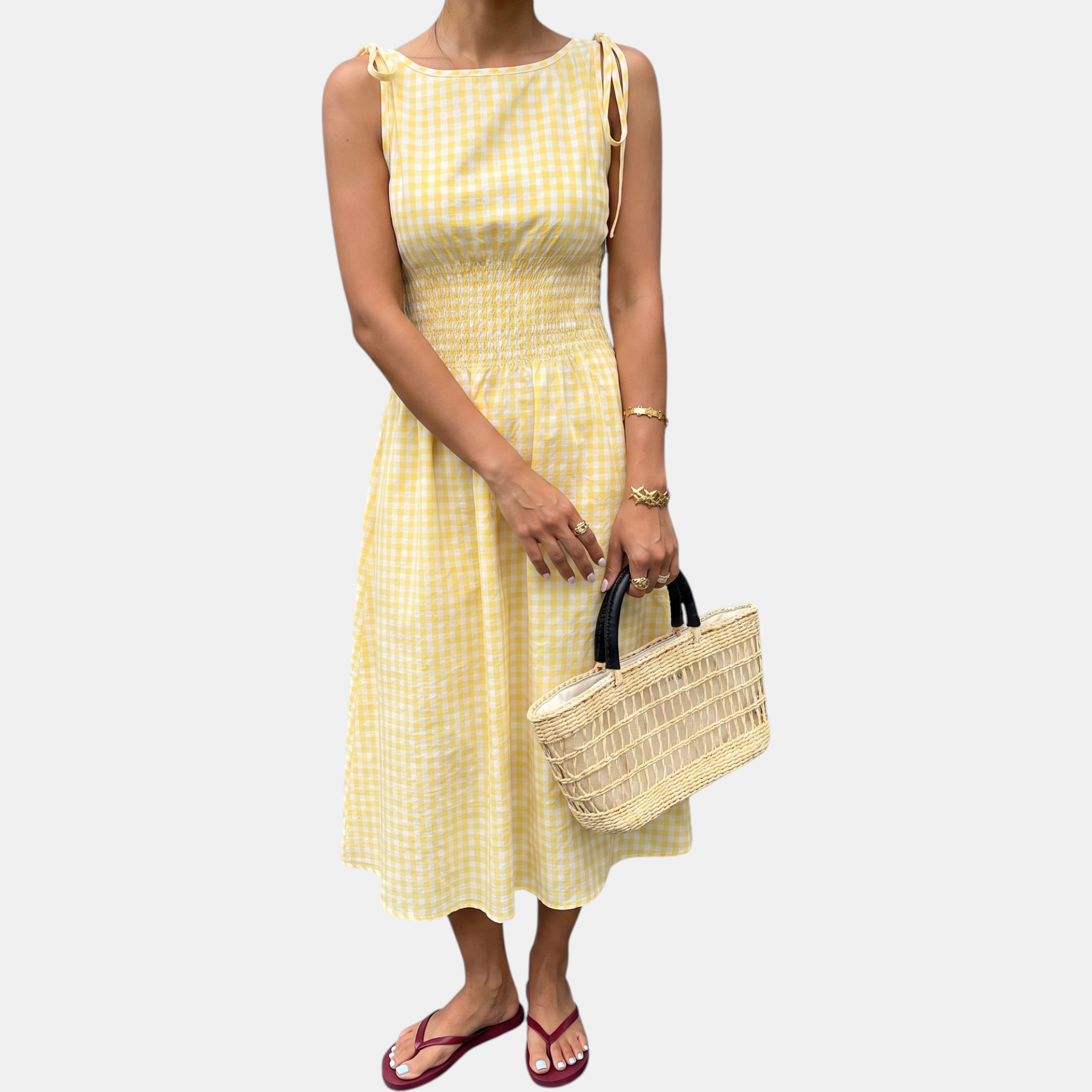 Women's Smocked Waist Tie Shoulder Woven Midi Dress