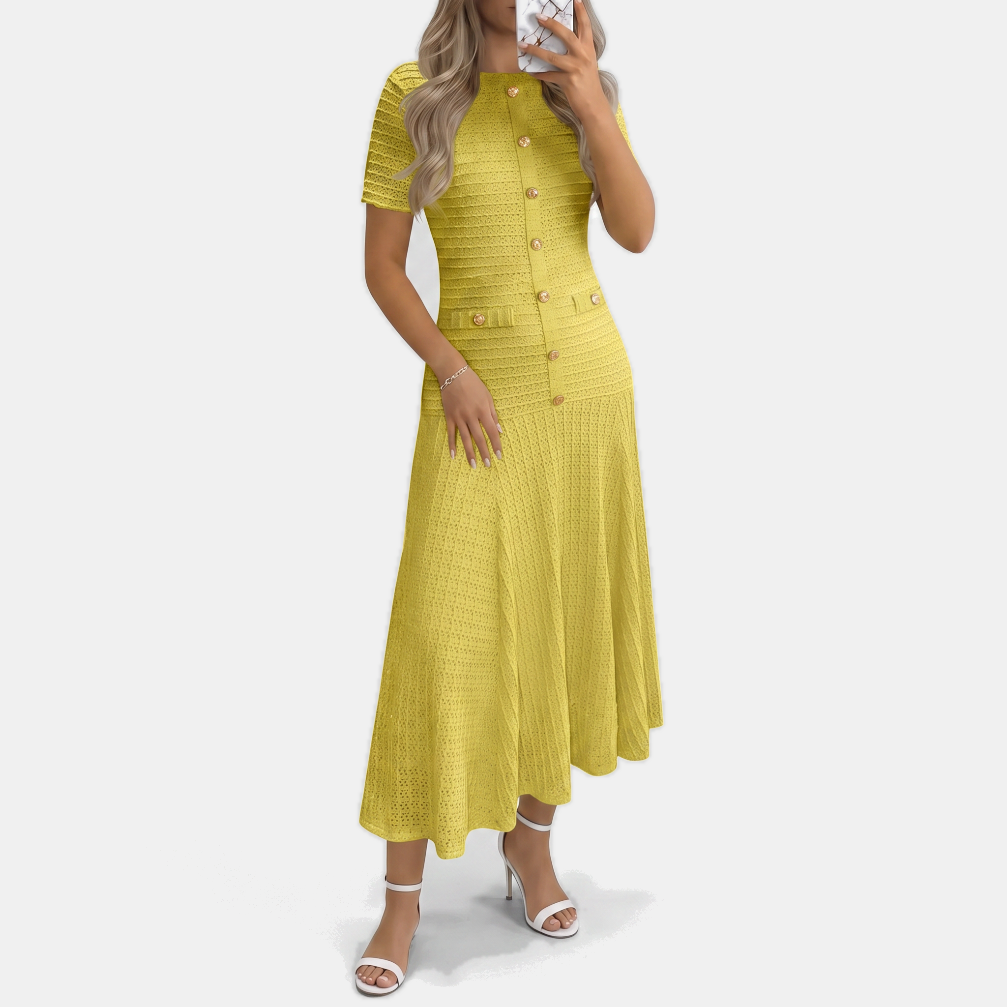 Women's Button Front Short Sleeve Slim Fit Midi A Line Dress