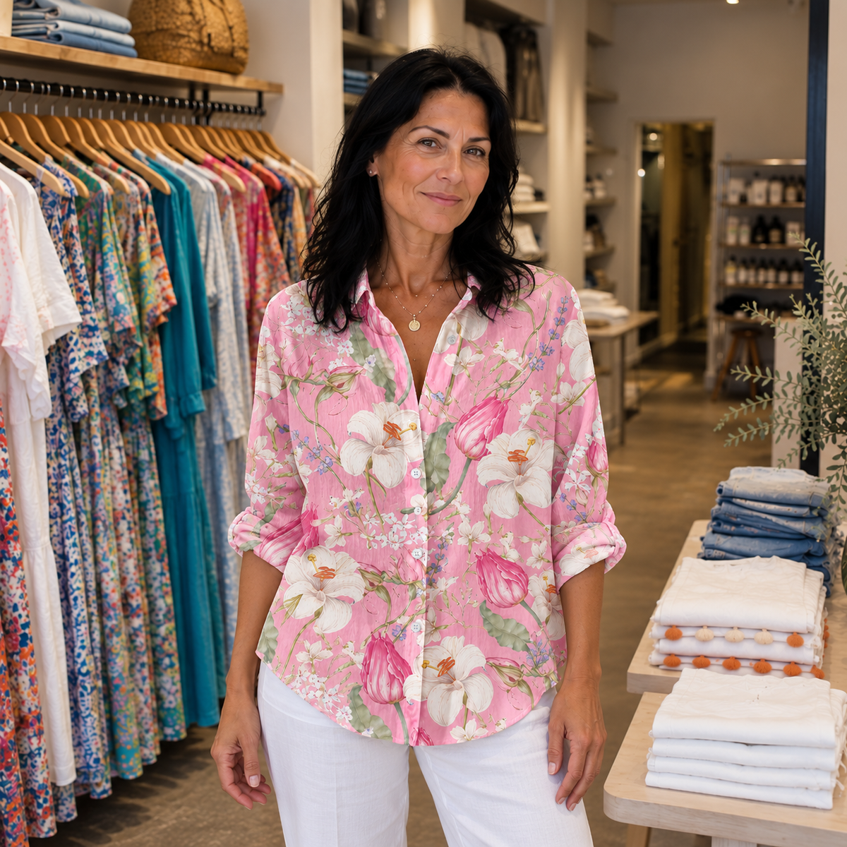 Alenne styling the pink Blush Blossom floral blouse with white trousers in the boutique