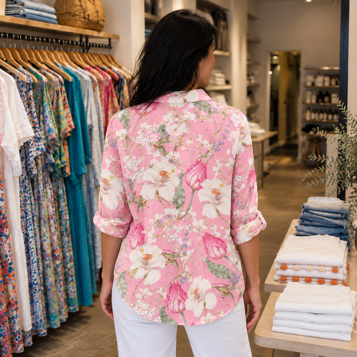 AI-generated illustration of Alenne wearing the blouse in the boutique, estimated rear view; back details may vary